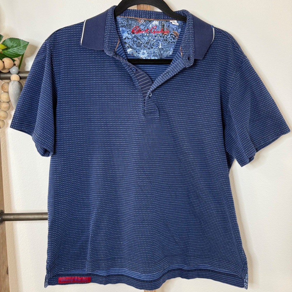 Robert Graham Mens Classic Fit Blue MicroDot Print Short Sleeve Polo Size Medium - Picture 3 of 10